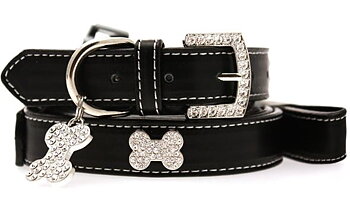 Hundhalsband + koppel - Svart läder med strassdetaljer