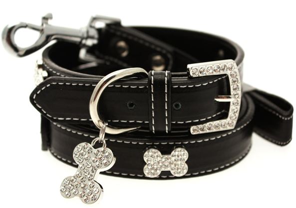 Hundhalsband + koppel - Svart läder med strassdetaljer