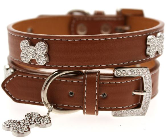 Hundhalsband + koppel - Brunt läder med strassdetaljer - 3