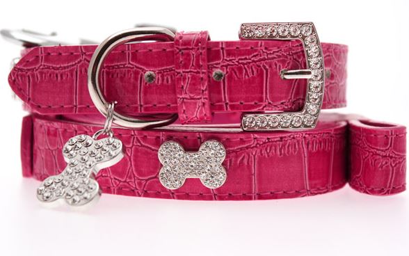 Hundhalsband + koppel - Rosa läder och strassdetaljer - 2