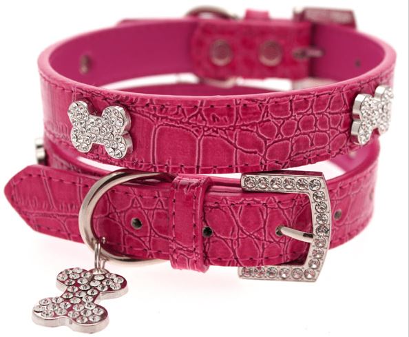 Hundhalsband + koppel - Rosa läder och strassdetaljer - 3
