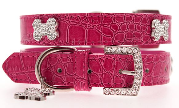 Hundhalsband + koppel - Rosa läder och strassdetaljer - 4