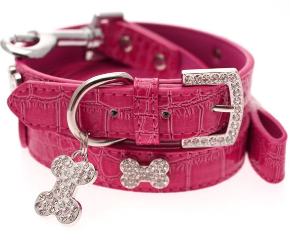 Hundhalsband + koppel - Rosa läder och strassdetaljer