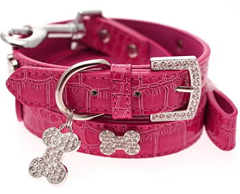 Hundhalsband + koppel - Rosa läder och strassdetaljer