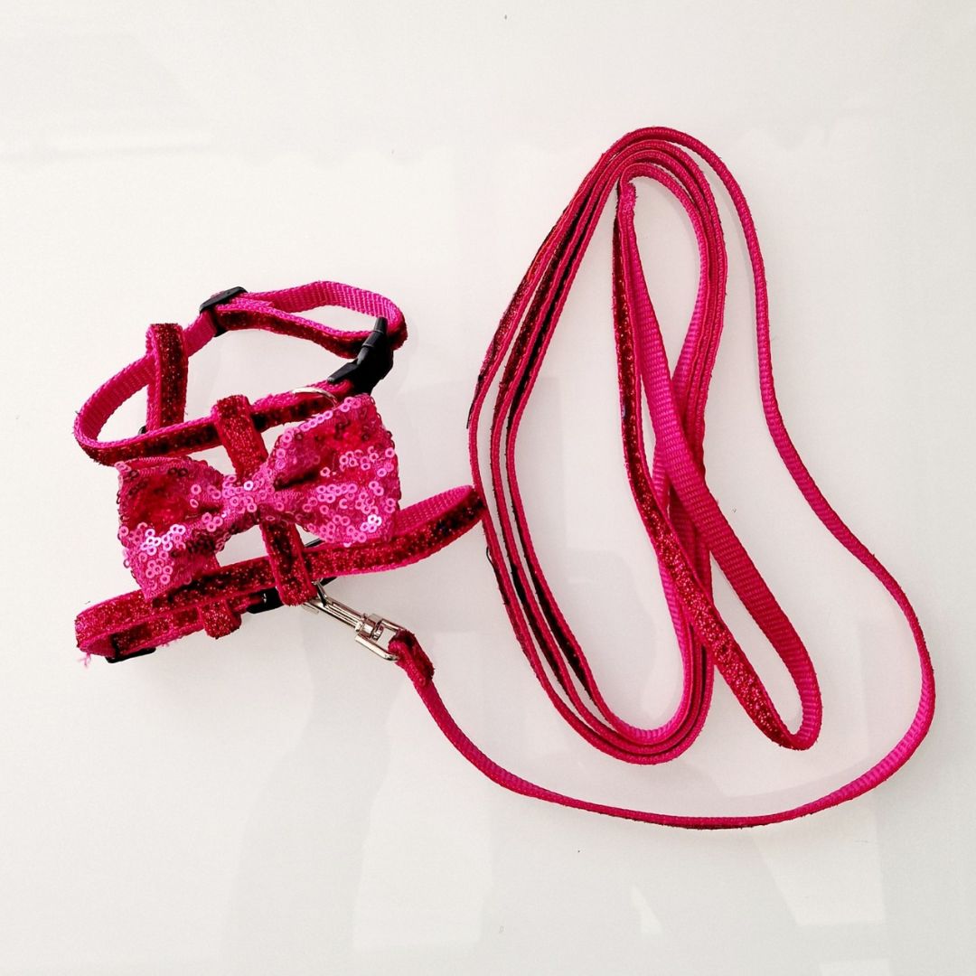 Kattsele Rosa glitter med 2 meter långt kattkoppel