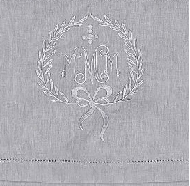 Linnefärgad hissgardin broderad lagerkrans monogram shabby chic lantlig stil - 2