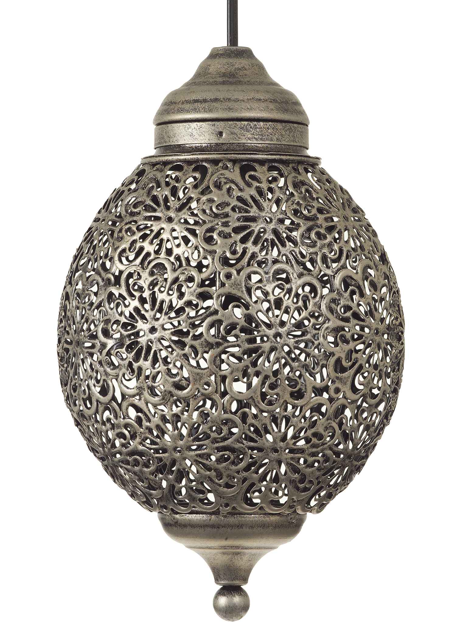 Rund silver färgad bollampa med genombrutet spetsmönster plåt shabby chic lantlig stil