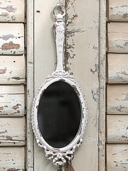Spegel vit romantisk handspegel i antik-vit metall och strass shabby chic lantlig stil