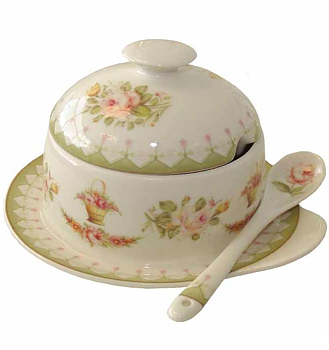 Skål med lock och sked  jugend mönster rosa rosor shabby chic lantlig stil