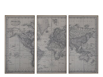 Tavla Världskarta karta old map 3 delad shabby chic lantlig stil indutristil