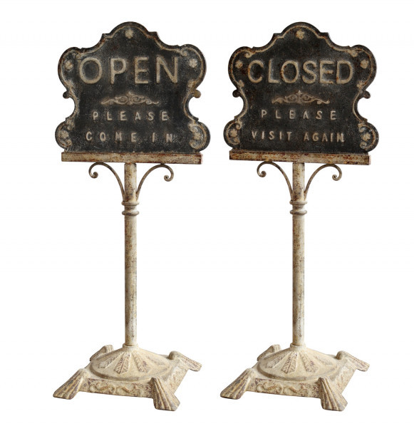 Skylt open closed i metall stor på fot vintage shabby chic lantlig stil 