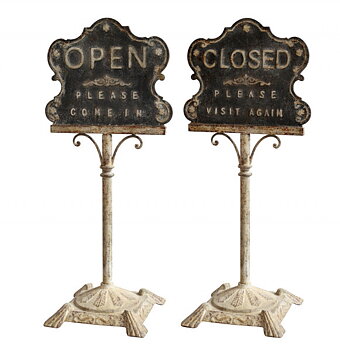 Skylt open closed i metall stor på fot vintage shabby chic lantlig stil 