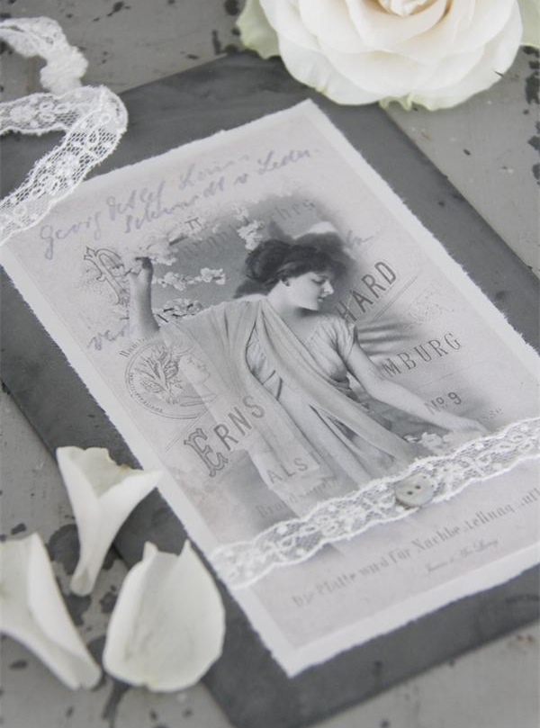 Vacker kvinna metall tag bilder handgjord spets shabby chic lantlig stil Jeanne darc living