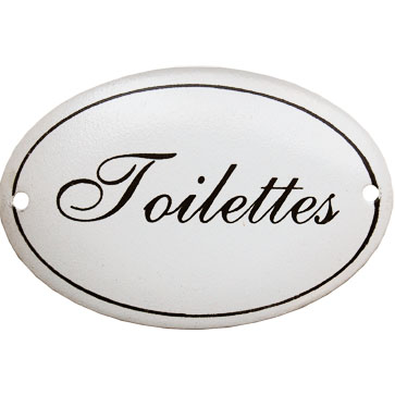 Skylt Toilettes vit oval emaljskylt i lantlig shabby chic stil Gårdsromantik