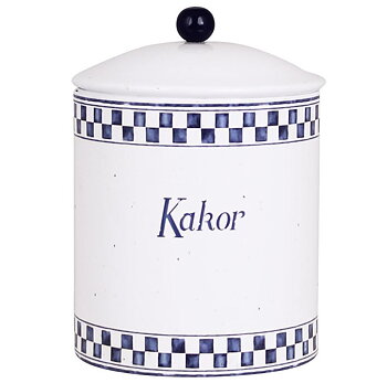 Vit blå kakburk med knopp i emalj lantlig stil retro