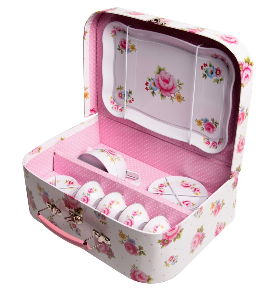 Picknick väska barnservis i blommig plåt shabby chic lantlig stil