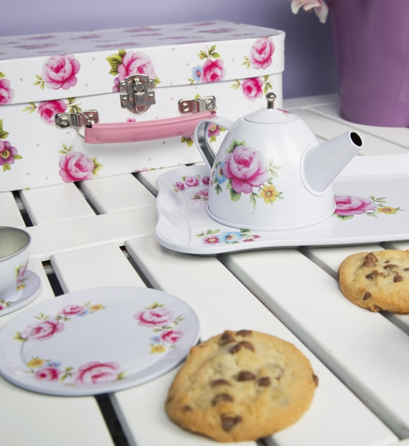 Picknick väska barnservis i blommig plåt shabby chic lantlig stil - 2