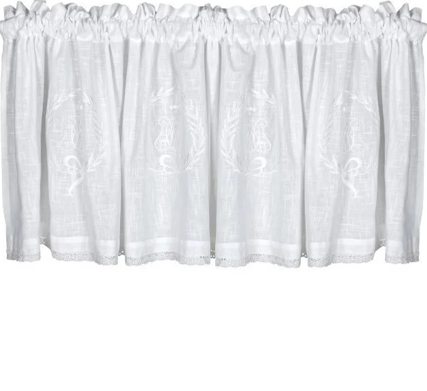 Stuvbit Gardinkappa Kappa vit med vitt monogram och spets ca 50 cm shabby chic, lantlig stil