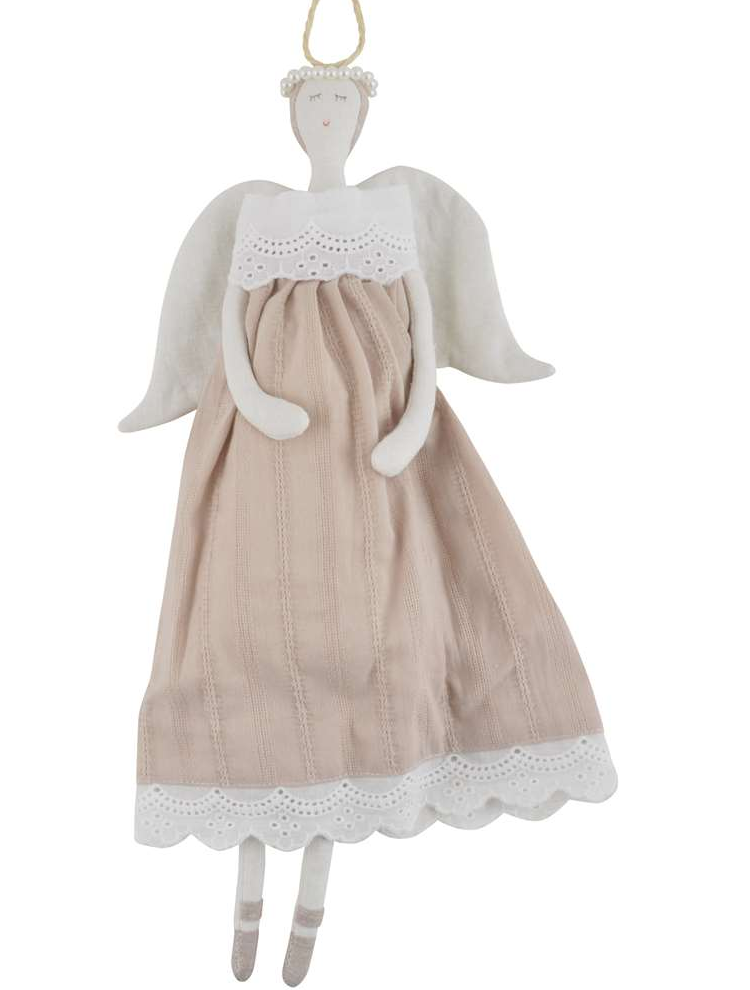 Stor ängel linnebeige med kjol pärlgloria skyddsängel shabby chic lantlig stil