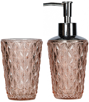 Set tvålpump tandborstglas puderrosa diamant shabby chic lantlig stil