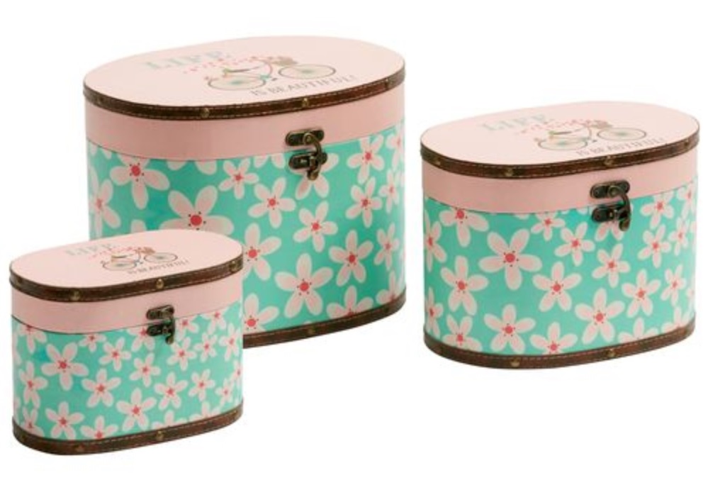 Koffertar askar rosa mintgröna Life is beautiful i trä laminerade 3 storlekar shabby chic lantlig stil