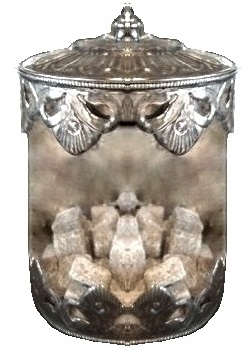 Gammaldags glasburk sirligt plåtlock metallkanter antik stil lantligt shabby chic lantstil