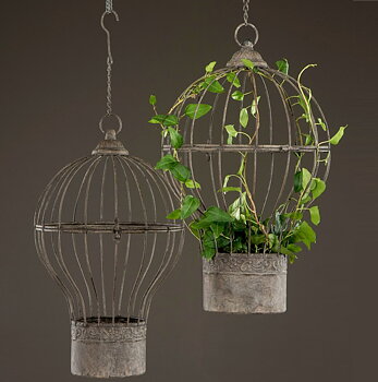 Hängande fågelbur Luftballong zinkgrå blomampel shabby chic lantlig stil Gårdsromantik