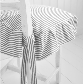 Stolsfodral grå rand med volang 4 sidor shabby chic lantlig stil