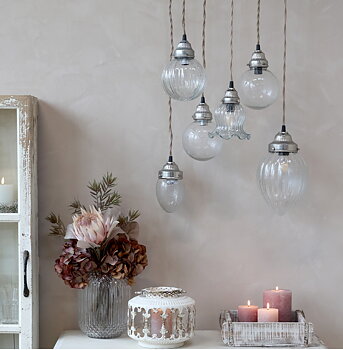 Lampa glaskon stor droppe Chic Antique rillat glas textilsladd tak kopp shabby chic lantlig stil