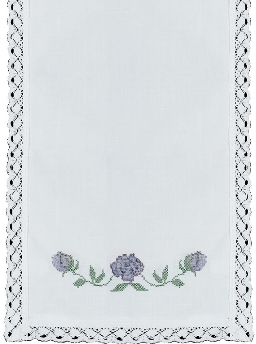 Vit löpare spets broderade blå rosor korsstygn shabby chic lantlig stil