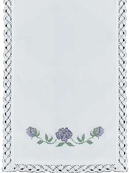 Vit löpare spets broderade blå rosor korsstygn shabby chic lantlig stil