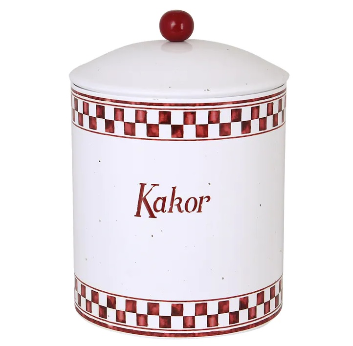 Vit röd kakburk med knopp i emalj Gårdsromantik lantlig stil retro