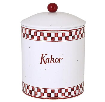 Vit röd kakburk med knopp i emalj Gårdsromantik lantlig stil retro