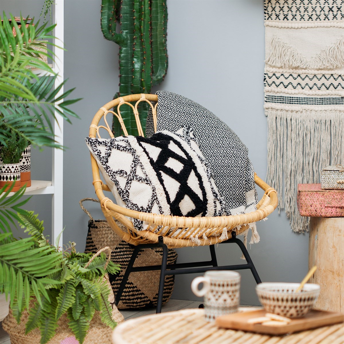 Kuddfodral bomull Scandi Boho mönstervävd Gårdsromantik lantlig stil