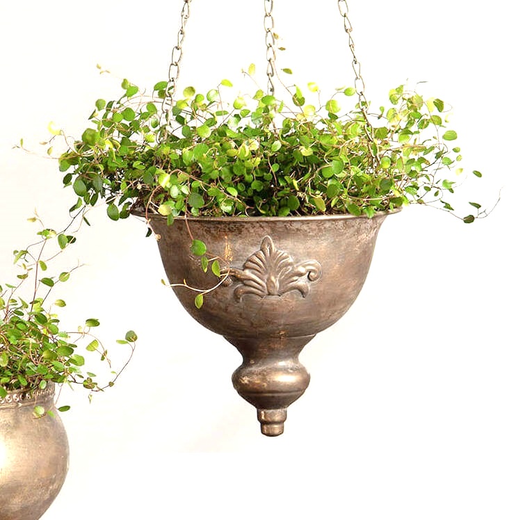 Ampel antikbehandlad guld plåt blomampel hängande blomkruka shabby chic lantlig stil