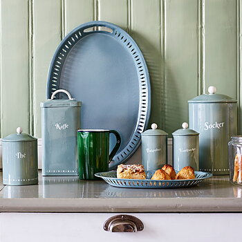 Gammaldags plåtburk Kaffe med skopa grön emalj vitt handtag retro lantlig stil shabby chic lantstil