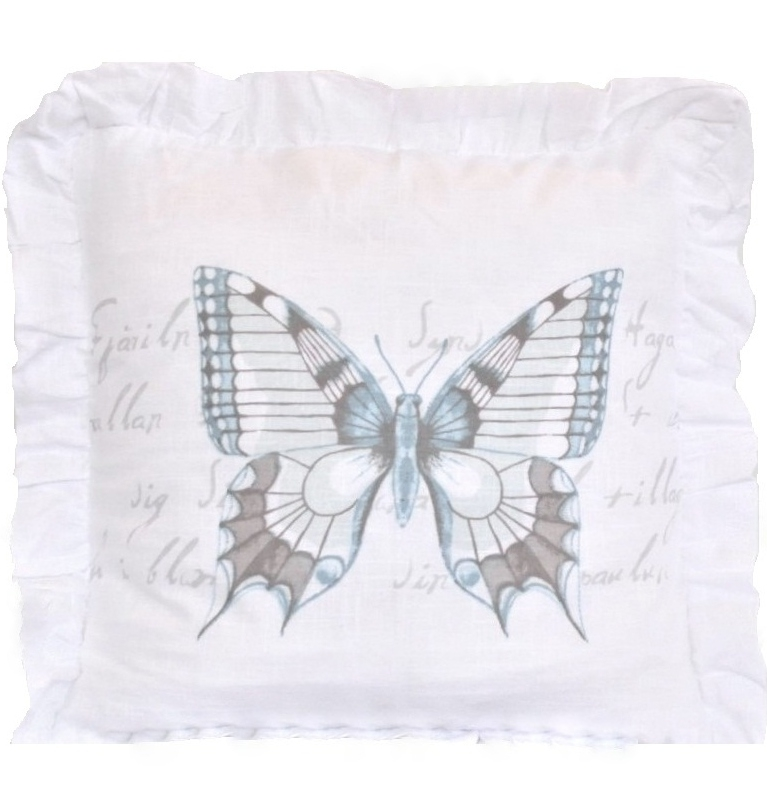 Kuddfodral vitt turkos fjäril volang shabby chic lantlig stil Gårdsromantik