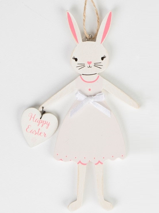 Kanin påskhare kaninflicka vit med hjärta Happy Easter trä shabby chic lantlig stil