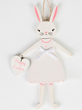 Kanin påskhare kaninflicka vit med hjärta Happy Easter trä shabby chic lantlig stil