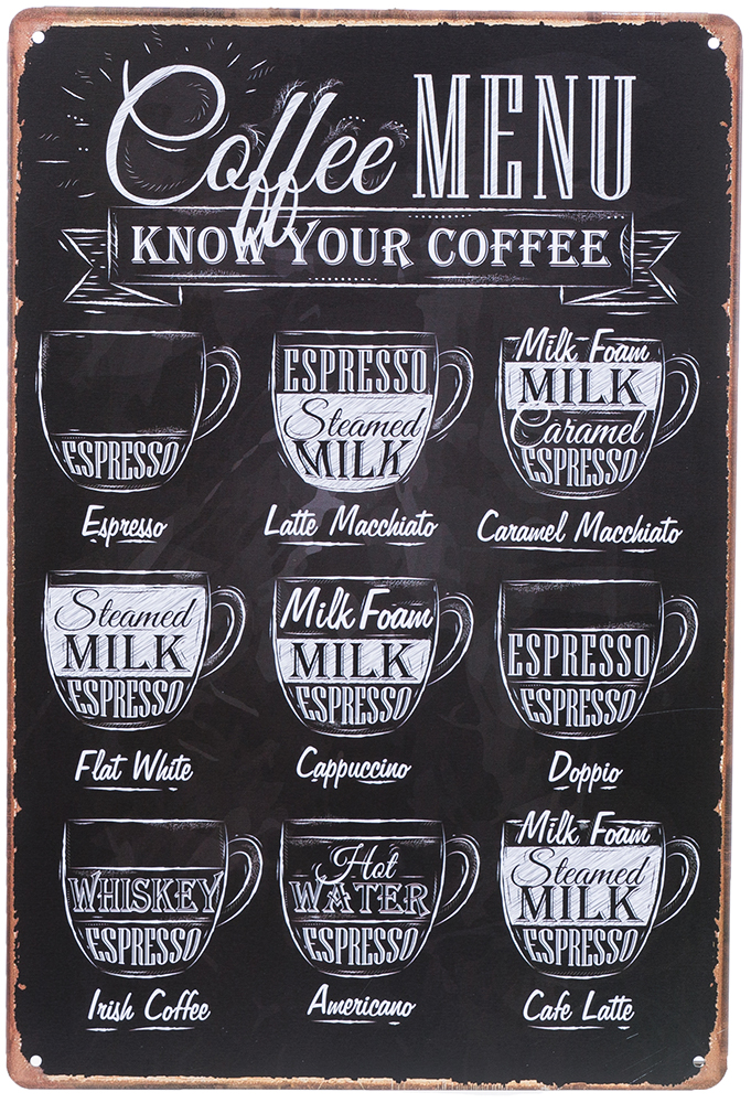 Plåtskylt Coffee Menu retro shabby chic lantlig stil