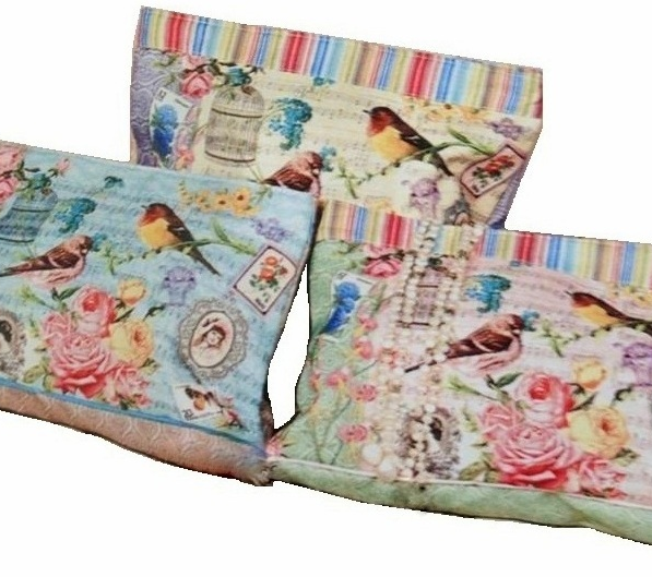 Necessär Vintage romantisk fågelbur och rosor pastell shabby chic lantlig stil 3 färger
