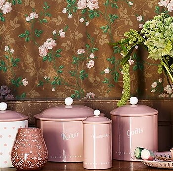Gammaldags plåtburk Godis rosa emalj vit knopp retro lantlig stil shabby chic lantstil