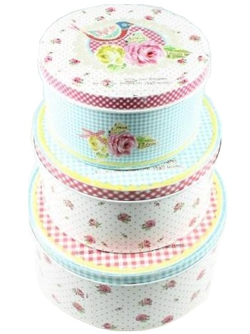Plåtburk 3 storlekar rund rosa blå turkos röd rosor prickig shabby chic lantlig stil