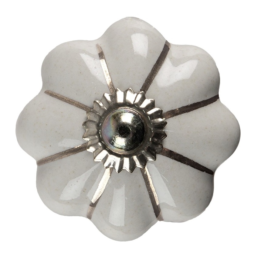 Vit porslinsknopp med silverränder shabby chic lantlig stil Gårdsromantik