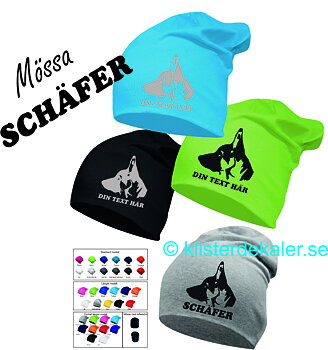 Mössa, reflextryck. Schäfer med EGEN text.