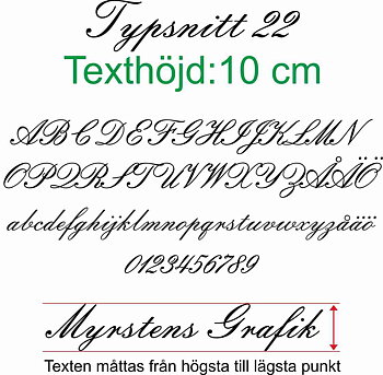 Typsnitt nr 22 Egen textdekor, pris per bokstav. Höjd 10 cm.