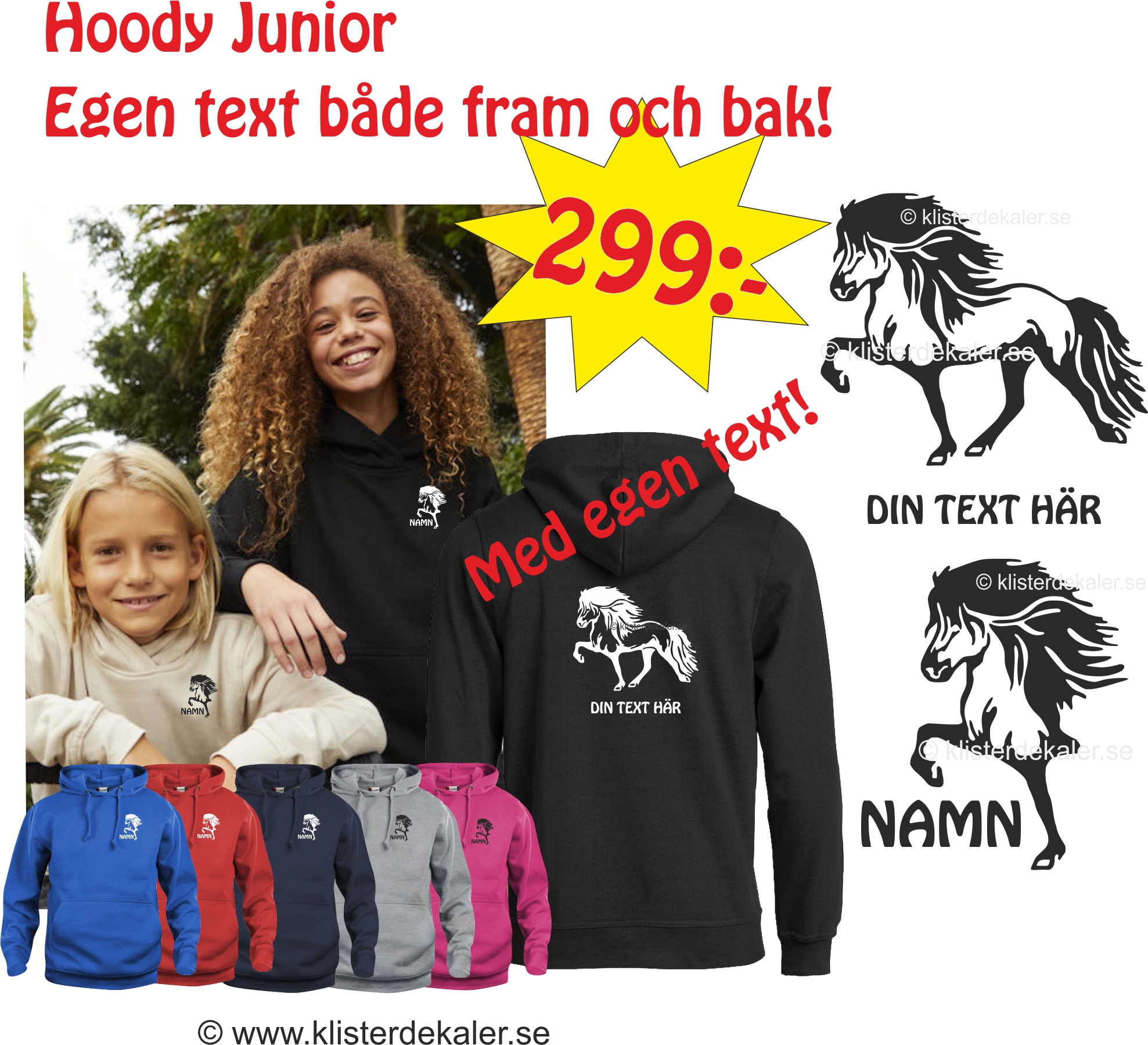 Hoody Islandshäst JUNIOR med egen text, bröst & Rygg ERBJUDANDE 