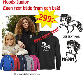 Hoody Islandshäst JUNIOR med egen text, bröst & Rygg ERBJUDANDE 