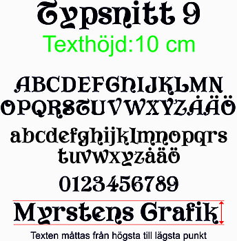Typsnitt nr 9 Egen textdekor, pris per bokstav. Höjd 10 cm.