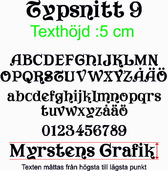 Typsnitt nr 9 Egen textdekor, pris per bokstav. Höjd 5 cm.